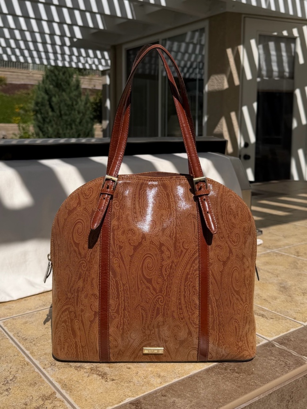 ETRO VTG Milano Paisley Dome Bag Brown Leather Trim Italy Large Handbag Purse